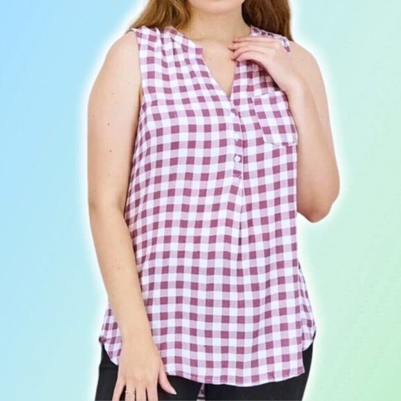 NWT MARKET & SPRUCE Women's Split Neck Sleeveless Gingham Print Top Sz Medium - Picture 1 of 7
